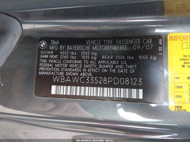 2008 Bmw 328xi მანქანა იყიდება აუქციონზე, vin: WBAWC33528PD08123, აუქციონის ნომერი: 44846818