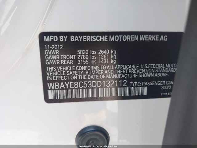 Продаж на аукціоні авто 2013 Bmw 750li, vin: WBAYE8C53DD132112, номер лоту: 44846823