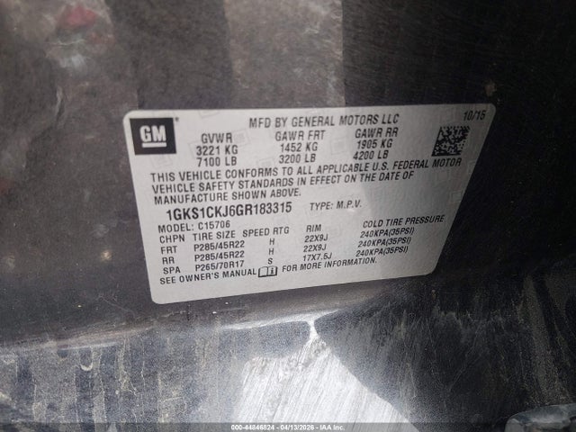Aukcja sprzedaży 2016 Gmc Yukon Denali, vin: 1GKS1CKJ6GR183315, numer aukcji: 44846824
