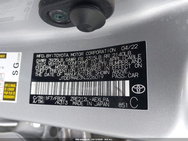 Продажа на аукционе авто 2022 Toyota Corolla Le, vin: JTDEPMAE3NJ226019, номер лота: 44846828