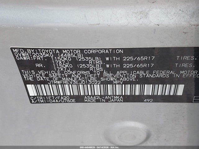 44846829 :رقم المزاد ، JTMWFREV3EJ013022 vin ، 2014 Toyota Rav4 Xle مزاد بيع