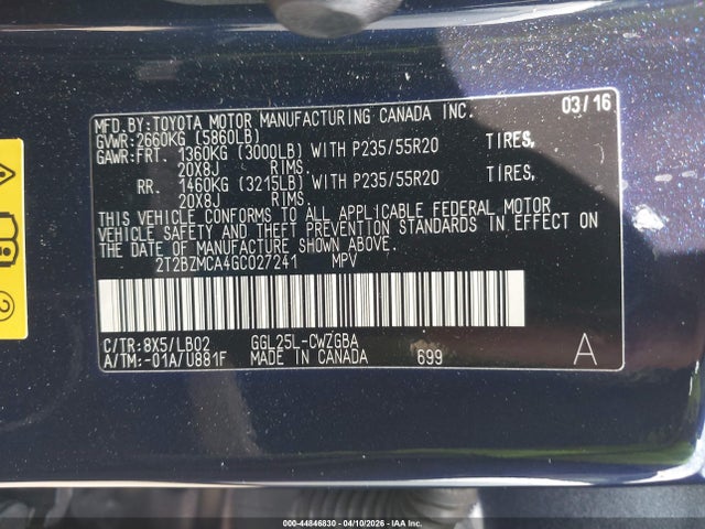 Aukcja sprzedaży 2016 Lexus Rx 350, vin: 2T2BZMCA4GC027241, numer aukcji: 44846830