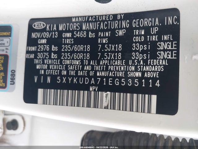 44846843 :رقم المزاد ، 5XYKUDA71EG535114 vin ، 2014 Kia Sorento Ex V6 مزاد بيع