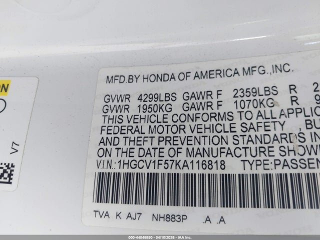 1HGCV1F57KA116818 Honda Accord Ex-l