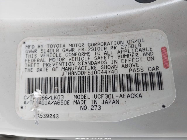 2001 Lexus Ls 430 მანქანა იყიდება აუქციონზე, vin: JTHBN30F510044740, აუქციონის ნომერი: 44846851