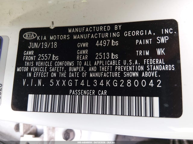 2019 Kia Optima S მანქანა იყიდება აუქციონზე, vin: 5XXGT4L34KG280042, აუქციონის ნომერი: 44846854