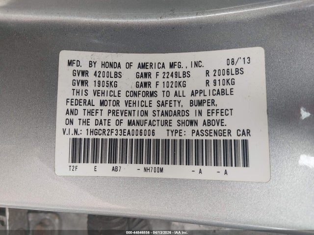 2014 Honda Accord Lx მანქანა იყიდება აუქციონზე, vin: 1HGCR2F33EA006006, აუქციონის ნომერი: 44846856