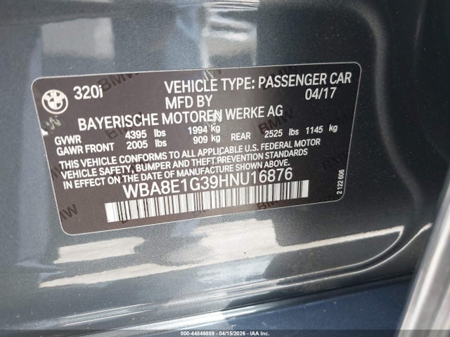 Продаж на аукціоні авто 2017 Bmw 320i, vin: WBA8E1G39HNU16876, номер лоту: 44846859