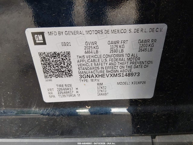 44846861 :رقم المزاد ، 3GNAXHEVXMS148973 vin ، 2021 Chevrolet Equinox Fwd Ls مزاد بيع