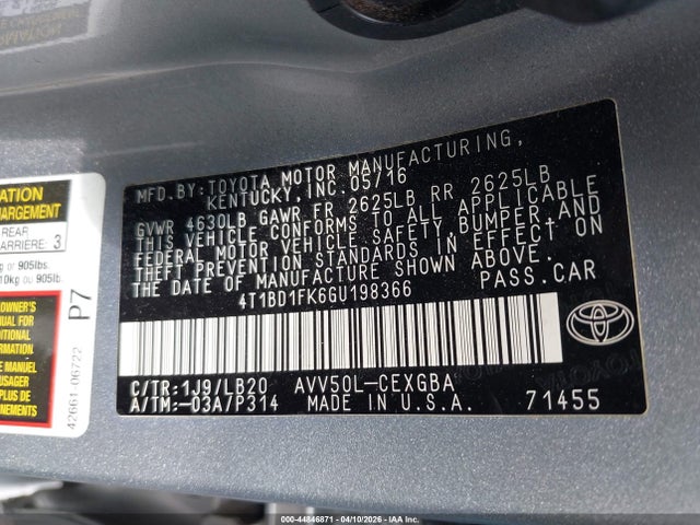 4T1BD1FK6GU198366 Toyota Camry Hybrid Xle