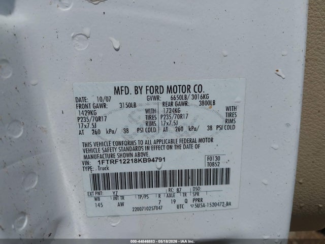 Aukcja sprzedaży 2008 Ford F-150 Stx/xl/xlt, vin: 1FTRF12218KB94791, numer aukcji: 44846883