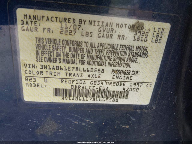 Продажа на аукционе авто 2008 Nissan Sentra 2.0, vin: 3N1AB61E78L662588, номер лота: 44846886