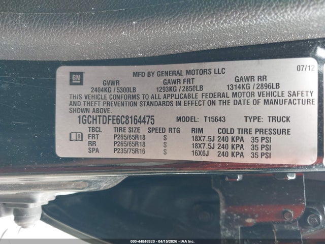 44846920 :رقم المزاد ، 1GCHTDFE6C8164475 vin ، 2012 Chevrolet Colorado 2lt مزاد بيع