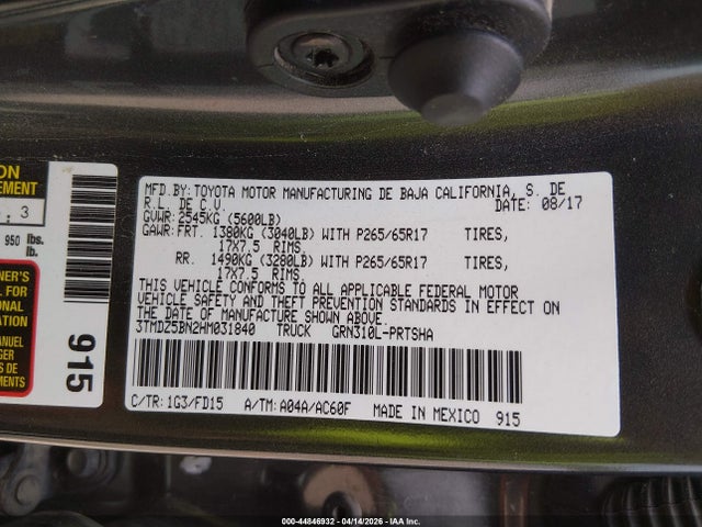 44846932 :رقم المزاد ، 3TMDZ5BN2HM031840 vin ، 2017 Toyota Tacoma Trd Sport مزاد بيع