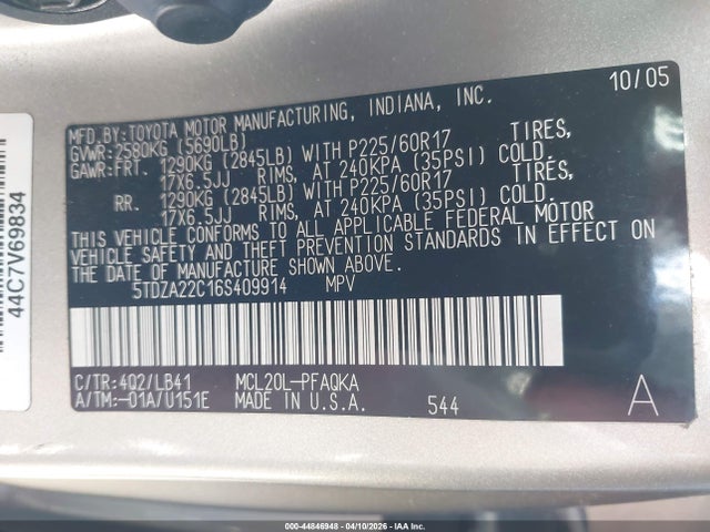 Продажа на аукционе авто 2006 Toyota Sienna Xle, vin: 5TDZA22C16S409914, номер лота: 44846948