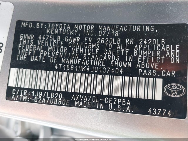 2018 Toyota Camry Xse მანქანა იყიდება აუქციონზე, vin: 4T1B61HK4JU137404, აუქციონის ნომერი: 44846963