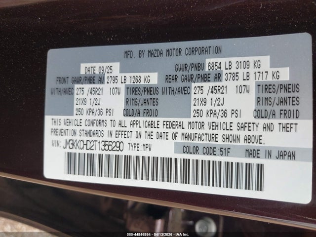 44846994 :رقم المزاد ، JM3KKCHD2T1356290 vin ، 2026 Mazda Cx-90 3.3 Turbo Premium Sport مزاد بيع