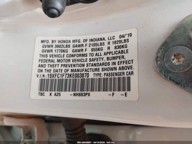2019 Honda Civic Ex-l მანქანა იყიდება აუქციონზე, vin: 19XFC1F73KE003870, აუქციონის ნომერი: 44846997