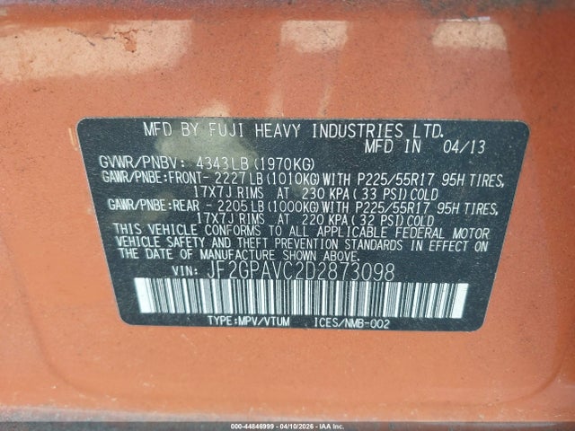 Продаж на аукціоні авто 2013 Subaru Xv Crosstrek 2.0i Premium, vin: JF2GPAVC2D2873098, номер лоту: 44846999