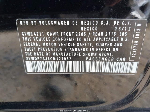2012 Volkswagen Jetta 2.5l Se მანქანა იყიდება აუქციონზე, vin: 3VWDP7AJ6CM127962, აუქციონის ნომერი: 44847000