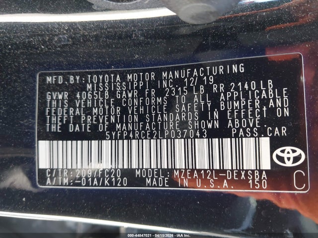 5YFP4RCE2LP037043 Toyota COROLLA SE