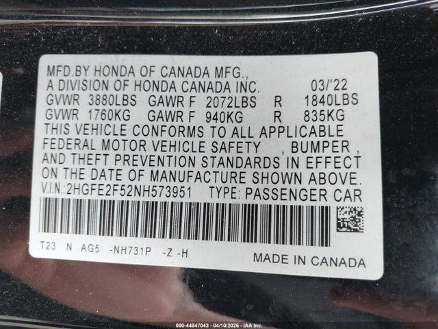 2HGFE2F52NH573951 Honda Civic Sport