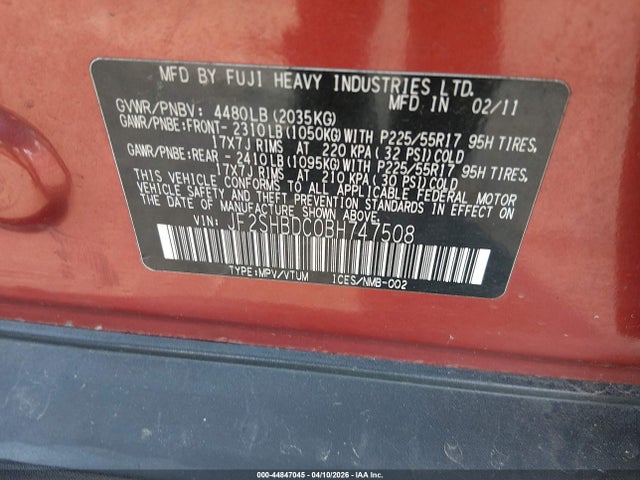 2011 Subaru Forester 2.5x Premium მანქანა იყიდება აუქციონზე, vin: JF2SHBDC0BH747508, აუქციონის ნომერი: 44847045