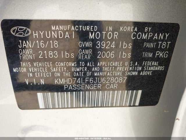 Aukcja sprzedaży 2018 Hyundai Elantra Se, vin: KMHD74LF6JU628087, numer aukcji: 44847049