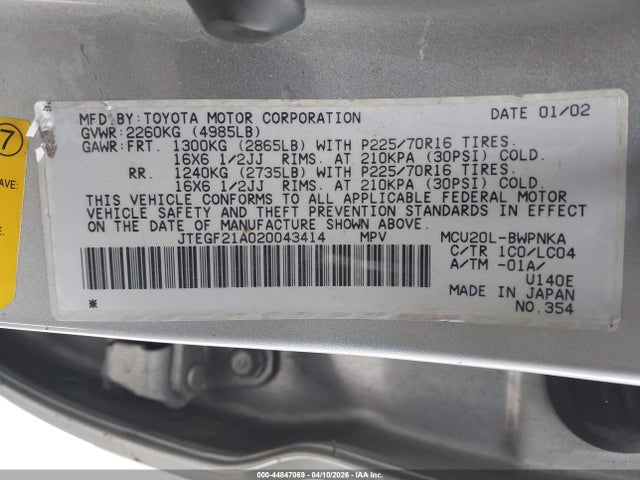 Aukcja sprzedaży 2002 Toyota Highlander Limited V6, vin: JTEGF21A020043414, numer aukcji: 44847069