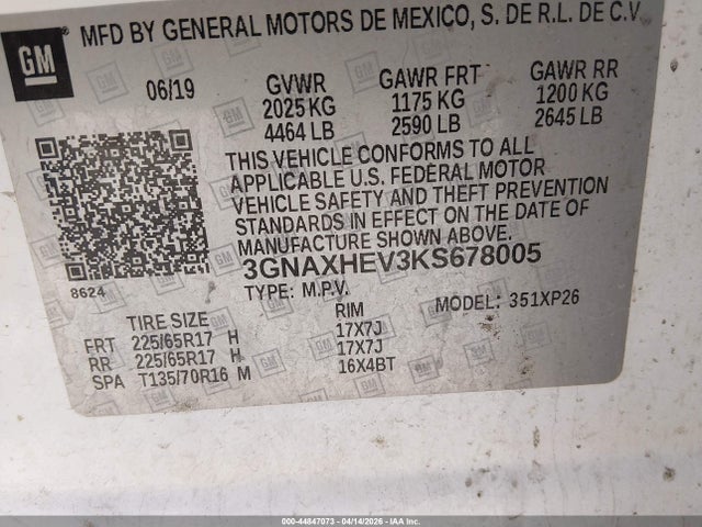 2019 Chevrolet Equinox Ls მანქანა იყიდება აუქციონზე, vin: 3GNAXHEV3KS678005, აუქციონის ნომერი: 44847073