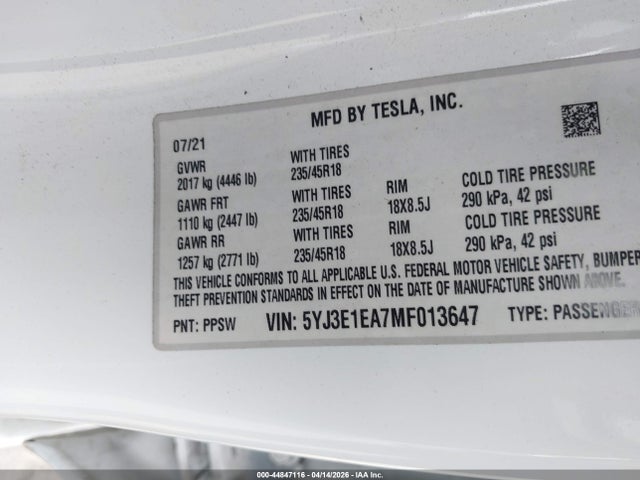 Tesla Model 3 Standard Range Plus Rear-wheel Drive 2021 5YJ3E1EA7MF013647 Image 9