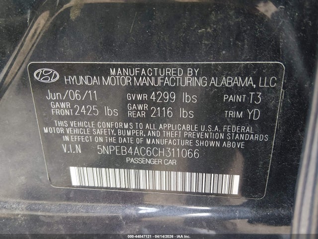 Продажа на аукционе авто 2012 Hyundai Sonata Gls, vin: 5NPEB4AC6CH311066, номер лота: 44847121