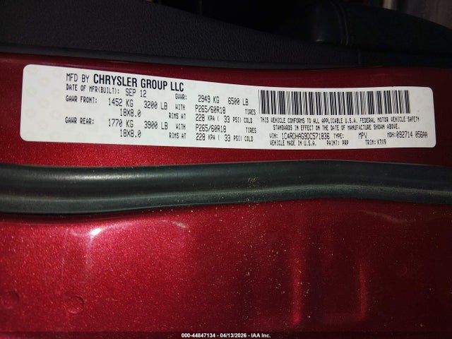 Продажа на аукционе авто 2013 Dodge Durango Sxt, vin: 1C4RDHAG9DC571836, номер лота: 44847134