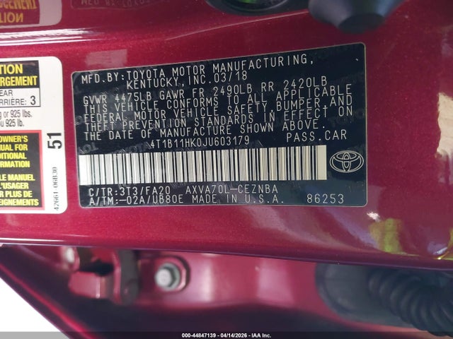 4T1B11HK0JU603179 Toyota CAMRY LE
