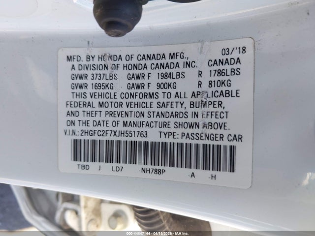 Honda CIVIC EX 2018 2HGFC2F7XJH551763 Image 9