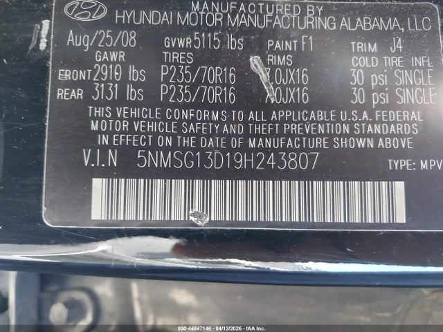 44847146 :رقم المزاد ، 5NMSG13D19H243807 vin ، 2009 Hyundai Santa Fe Gls مزاد بيع