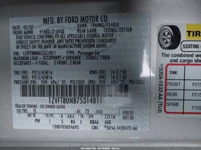 2007 FORD MUSTANG 1ZVFT80N875314811 Photo 8