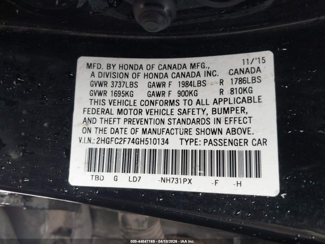 Honda CIVIC EX 2016 2HGFC2F74GH510134 Image 9