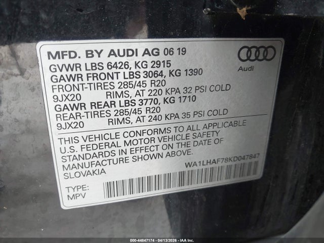 Auction sale of the 2019 Audi Q7 45 Premium/45 Se Premium, vin: WA1LHAF78KD047847, lot number: 44847174