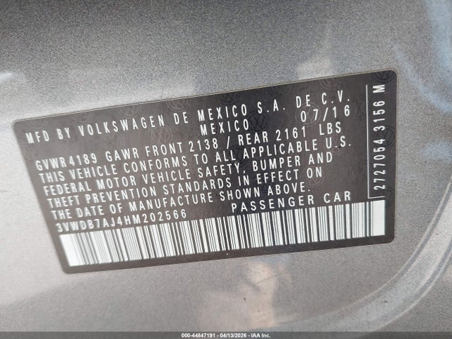 Продаж на аукціоні авто 2017 Volkswagen Jetta 1.4t Se, vin: 3VWDB7AJ4HM202566, номер лоту: 44847191