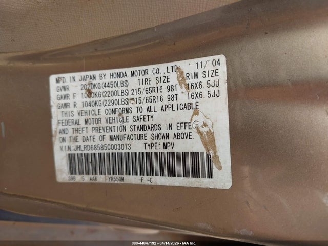 Aukcja sprzedaży 2005 Honda Cr-v Lx, vin: JHLRD68585C003073, numer aukcji: 44847192