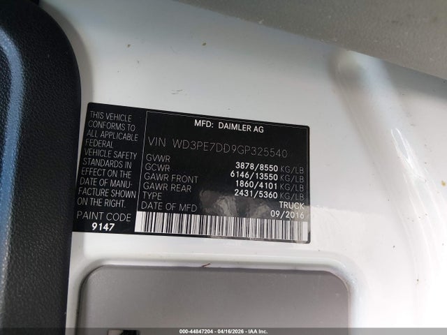 Aukcja sprzedaży 2016 Mercedes-benz Sprinter 2500 Normal Roof, vin: WD3PE7DD9GP325540, numer aukcji: 44847204