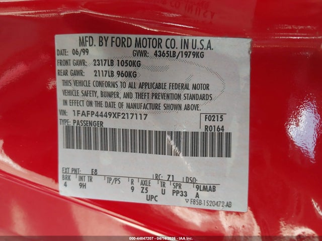 Aukcja sprzedaży 1999 Ford Mustang, vin: 1FAFP4449XF217117, numer aukcji: 44847207