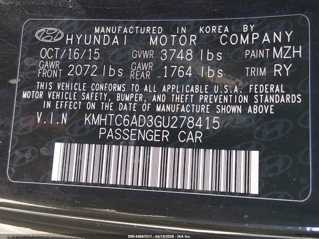 Продажа на аукционе авто 2016 Hyundai Veloster, vin: KMHTC6AD3GU278415, номер лота: 44847217