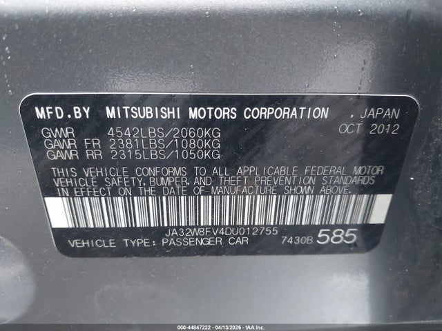 Продаж на аукціоні авто 2013 Mitsubishi Lancer Evolution Gsr, vin: JA32W8FV4DU012755, номер лоту: 44847222