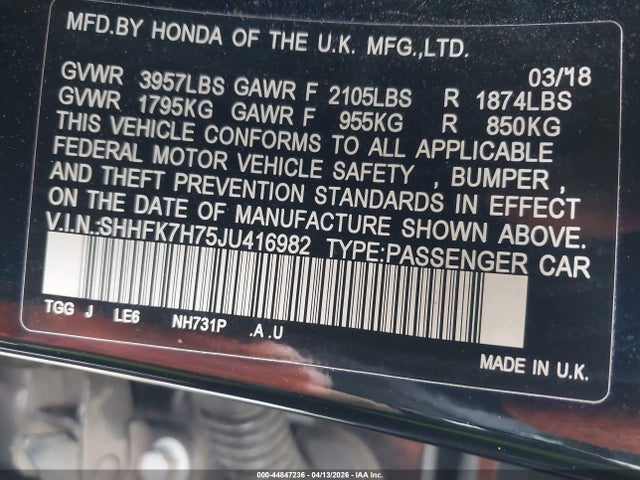 SHHFK7H75JU416982 Honda Civic Ex-l