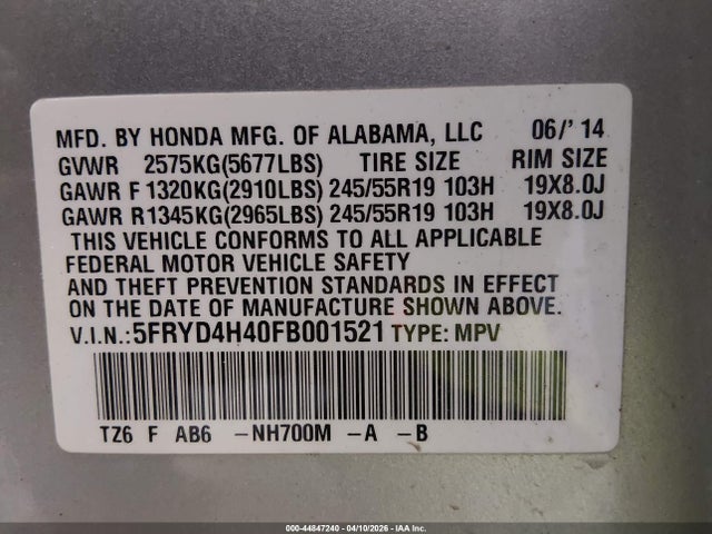 44847240 :رقم المزاد ، 5FRYD4H40FB001521 vin ، 2015 Acura Mdx Technology Package مزاد بيع