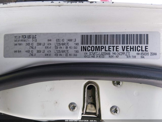 44847252 :رقم المزاد ، 3C7WRTCJ1JG259408 vin ، 2018 Ram 3500 Chassis Tradesman/slt/laramie مزاد بيع