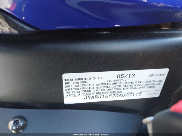 Aukcja sprzedaży 2013 Yamaha Yzfr6 C, vin: JYARJ16Y2DA007115, numer aukcji: 44847266