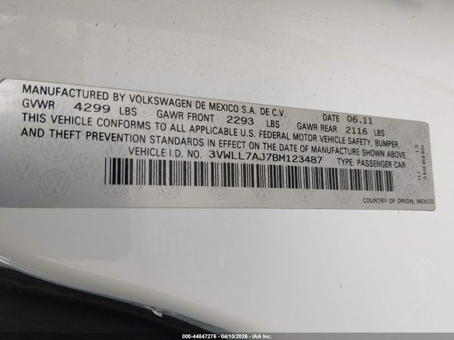 44847276 :رقم المزاد ، 3VWLL7AJ7BM123487 vin ، 2011 Volkswagen Jetta 2.0l Tdi مزاد بيع